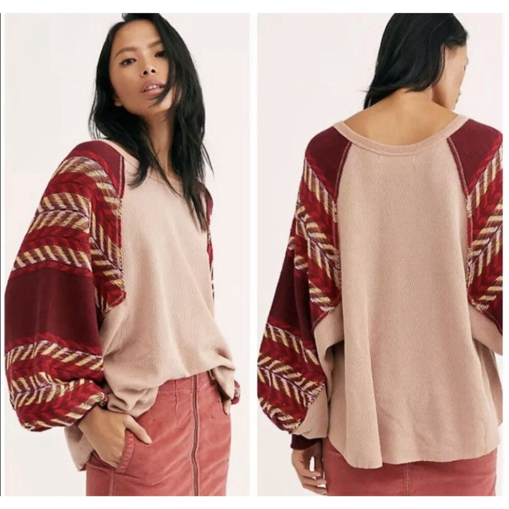 FP We The Free Rainbow Dreams sz S Printed Balloon Sleeve Sweater Arizona Sands